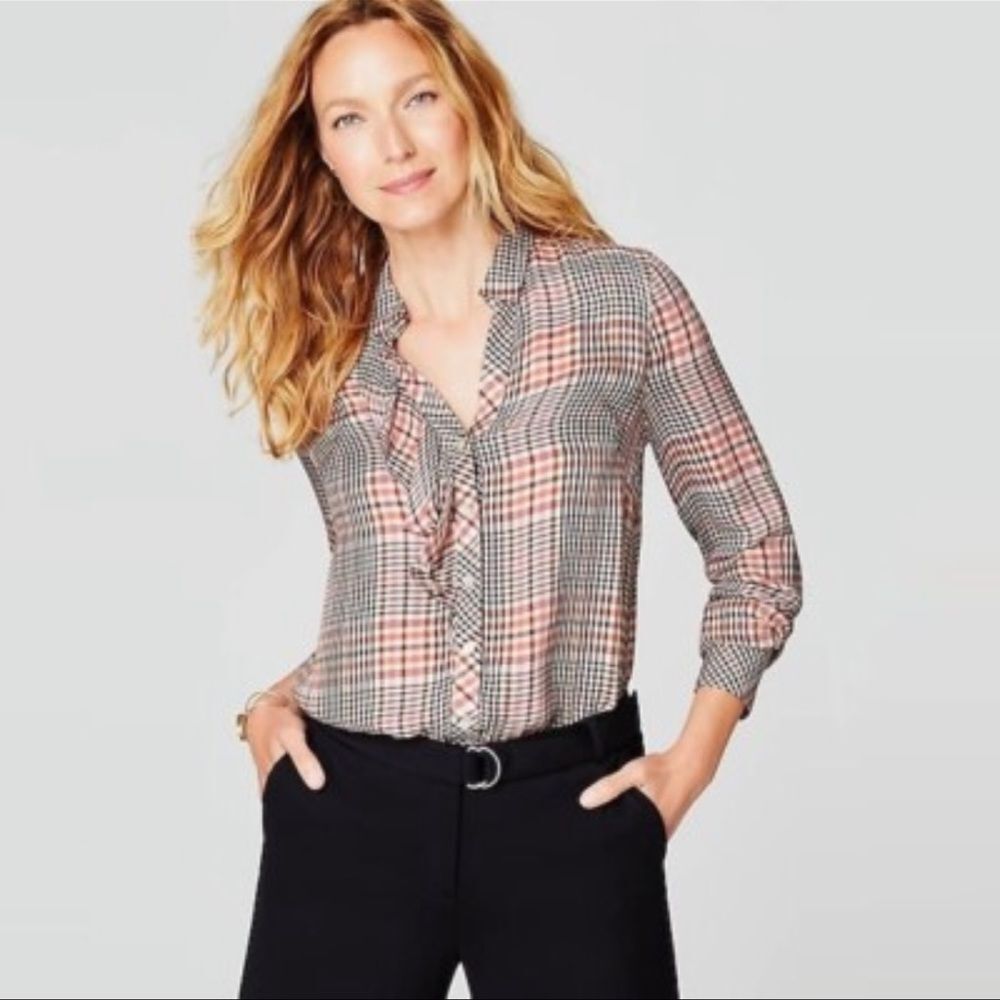 J.Jill Plaid Ruffle Button Front Blouse | Xs Petite
